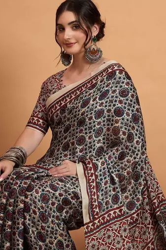 navy_blue modal ajrak printed zari sareewith blouse piece