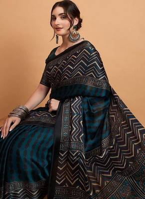 teal women embellished ajrak block print saree 1
