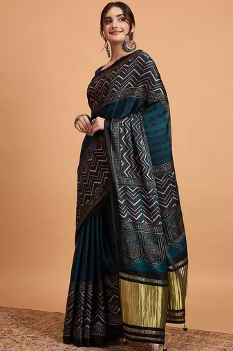 teal women embellished ajrak block print saree