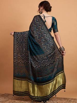 teal women embellished ajrak block print saree 3