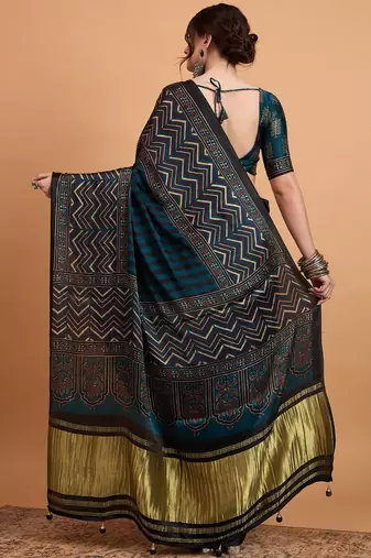 teal women embellished ajrak block print saree