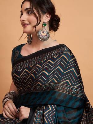 teal women embellished ajrak block print saree 4