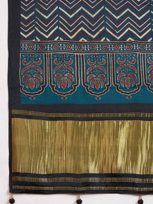 teal women embellished ajrak block print saree 5