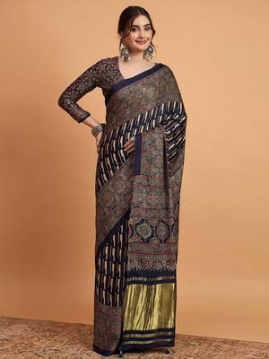 navy_blue modal ajrak block block print sareewith blouse piece 1