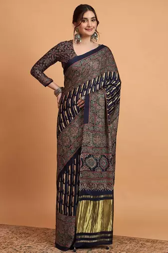 navy_blue modal ajrak block block print sareewith blouse piece