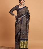 navy_blue modal ajrak block block print sareewith blouse piece