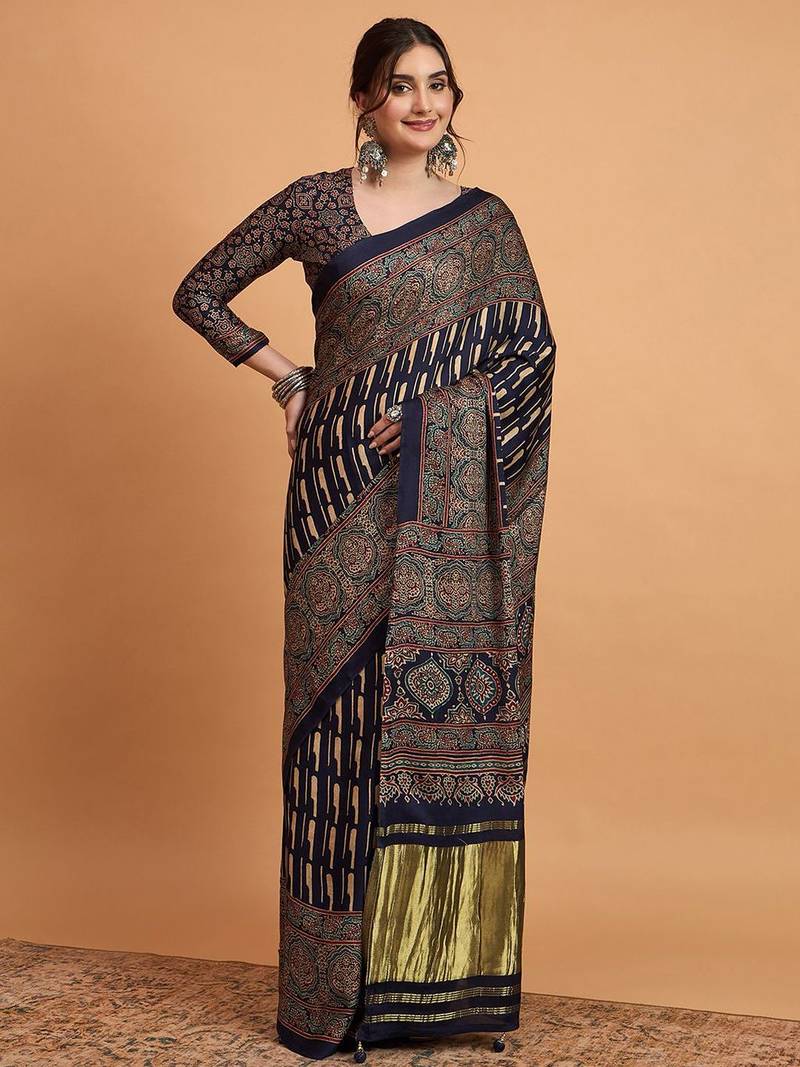 navy_blue modal ajrak block block print sareewith blouse piece