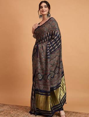 navy_blue modal ajrak block block print sareewith blouse piece 2