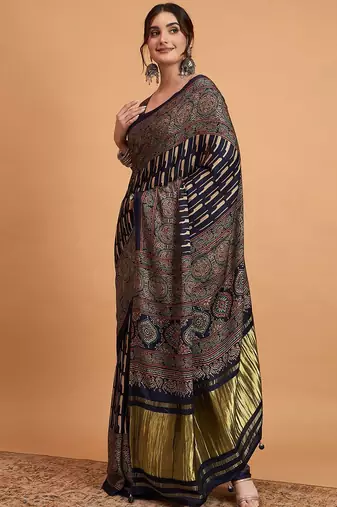 navy_blue modal ajrak block block print sareewith blouse piece