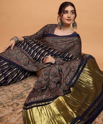 navy_blue modal ajrak block block print sareewith blouse piece 3