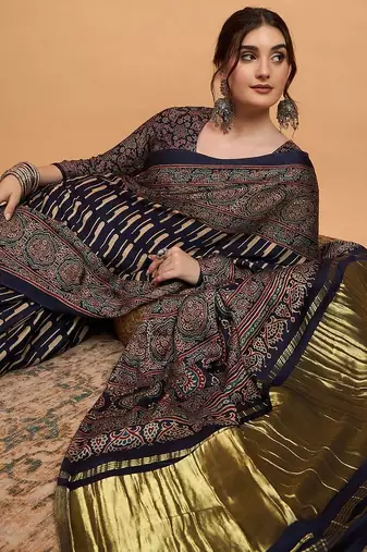 navy_blue modal ajrak block block print sareewith blouse piece