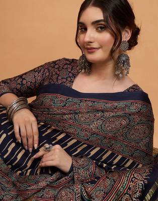 navy_blue modal ajrak block block print sareewith blouse piece 4