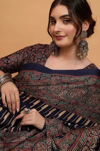 navy_blue modal ajrak block block print sareewith blouse piece