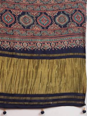 navy_blue modal ajrak block block print sareewith blouse piece 5