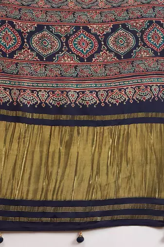 navy_blue modal ajrak block block print sareewith blouse piece