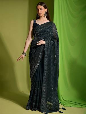 green embellished sequinned saree 1