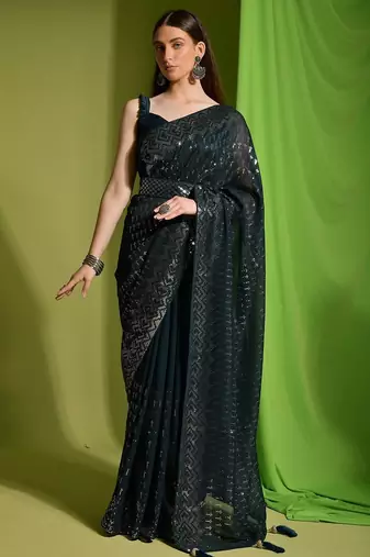 green embellished sequinned saree