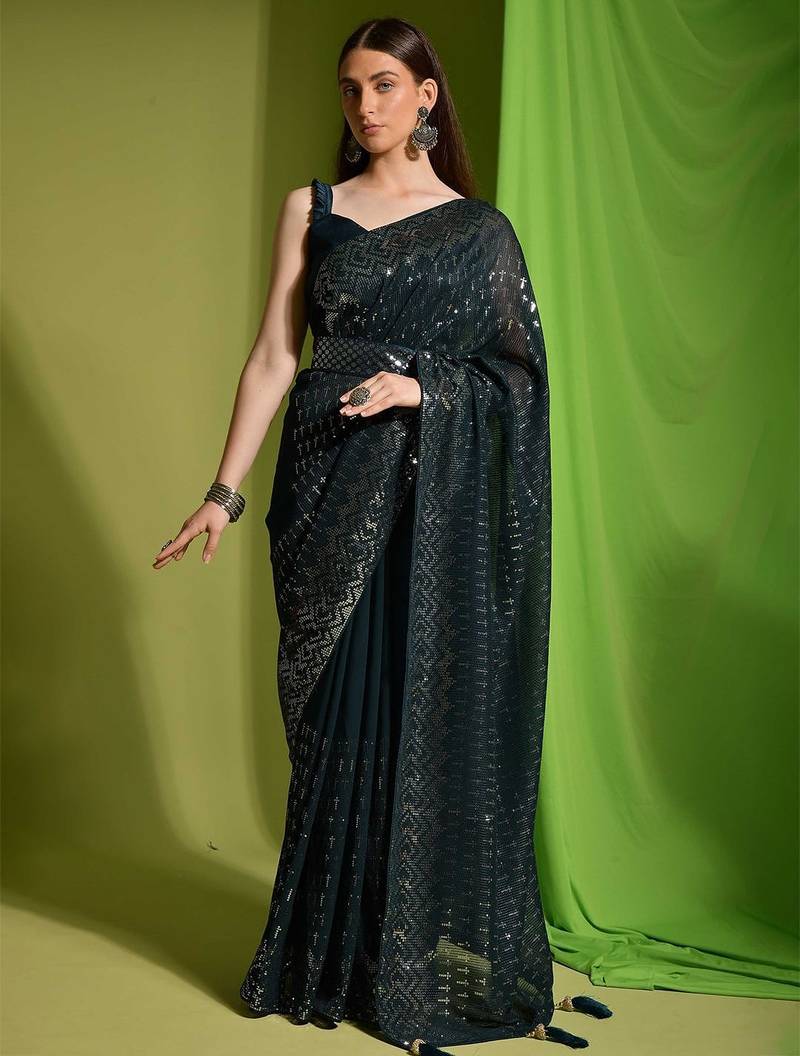 green embellished sequinned saree