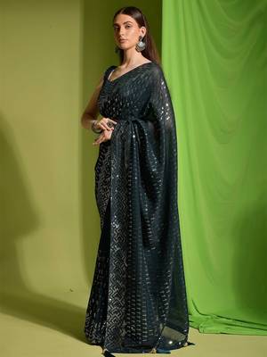 green embellished sequinned saree 2