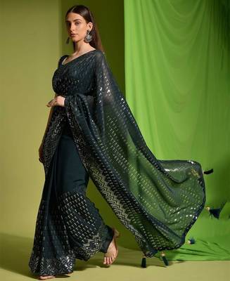 green embellished sequinned saree 3