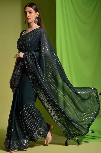 green embellished sequinned saree