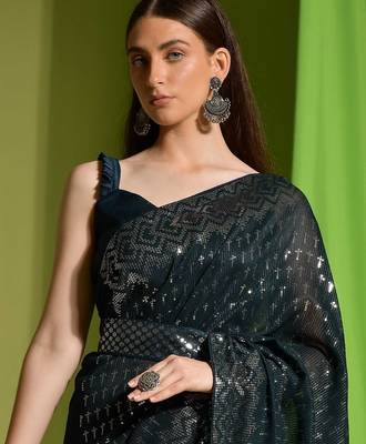 green embellished sequinned saree 5