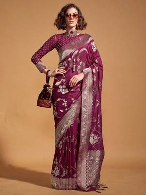 burgundy floral zari poly georgette banarasi saree 1