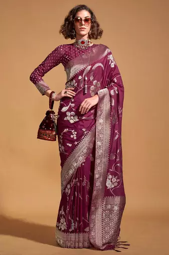 burgundy floral zari poly georgette banarasi saree