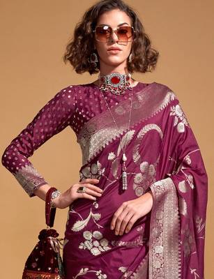 burgundy floral zari poly georgette banarasi saree 2