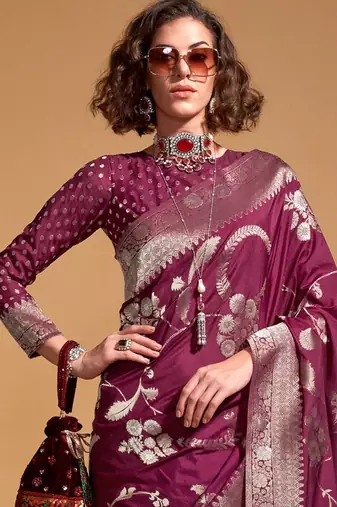 burgundy floral zari poly georgette banarasi saree