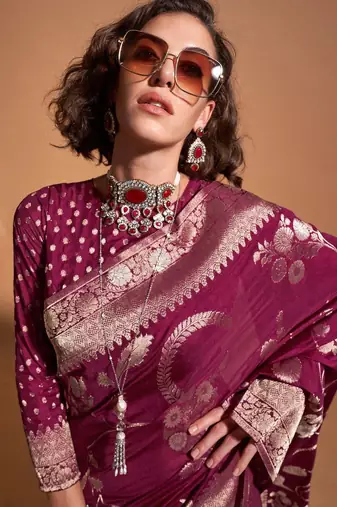 burgundy floral zari poly georgette banarasi saree