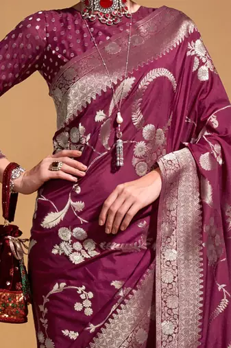 burgundy floral zari poly georgette banarasi saree