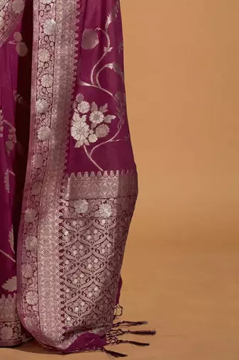 burgundy floral zari poly georgette banarasi saree
