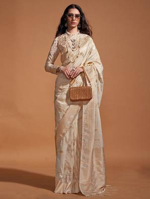 cream woven design zari poly georgette banarasi saree 1