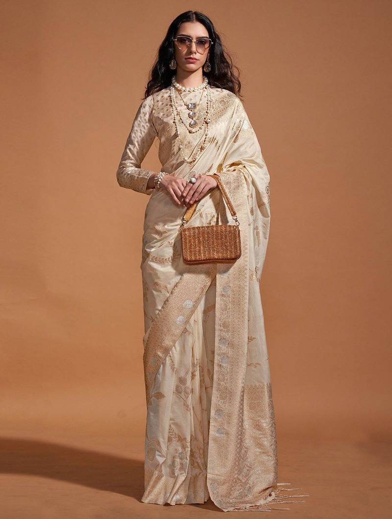 cream woven design zari poly georgette banarasi saree