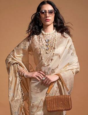 cream woven design zari poly georgette banarasi saree 2