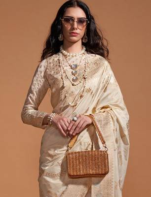 cream woven design zari poly georgette banarasi saree 3