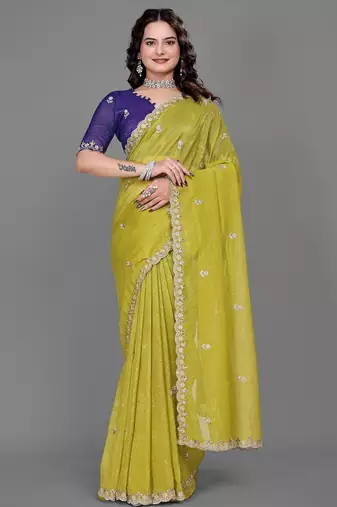 olive embellished zari poly chiffon saree