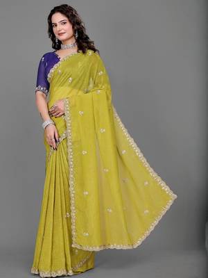 olive embellished zari poly chiffon saree 2