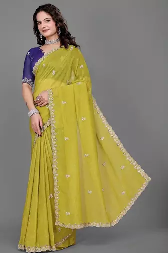 olive embellished zari poly chiffon saree