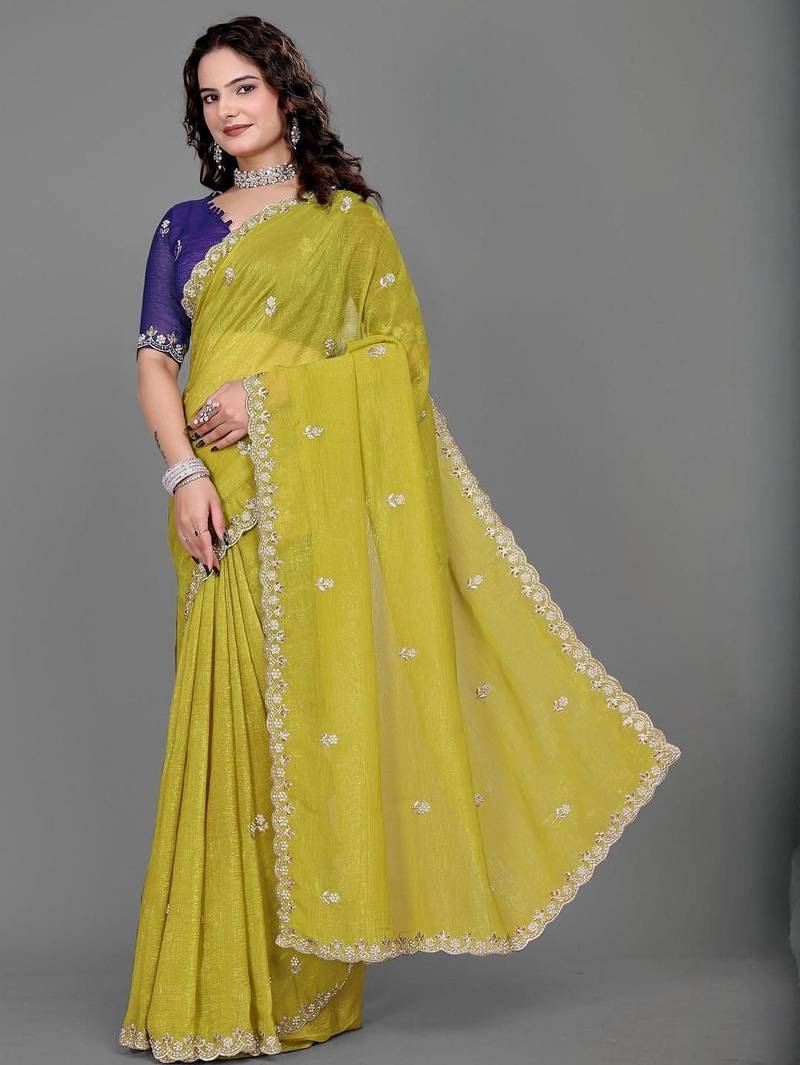olive embellished zari poly chiffon saree
