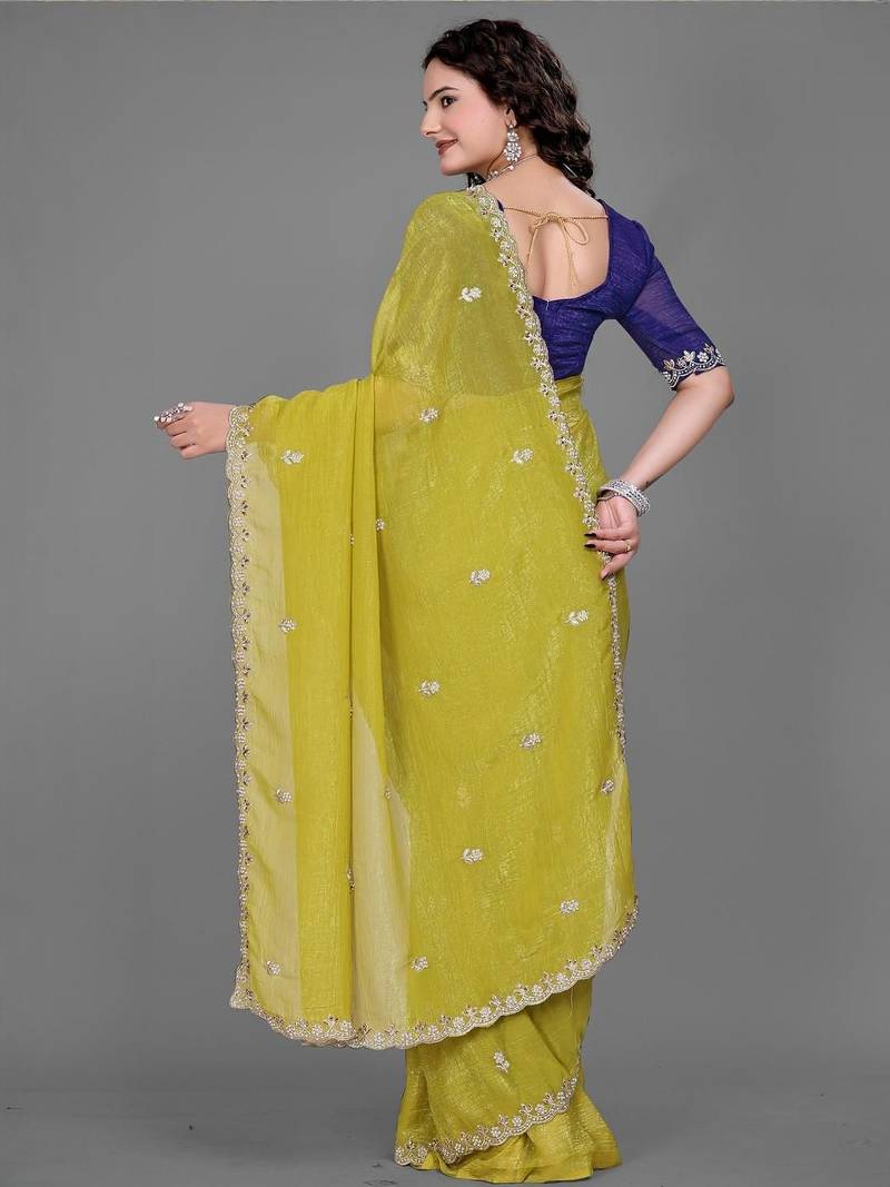 olive embellished zari poly chiffon saree