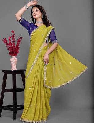 olive embellished zari poly chiffon saree 4