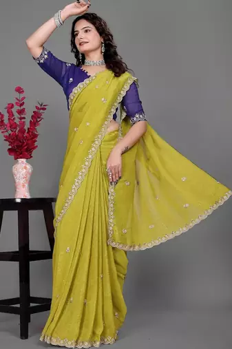olive embellished zari poly chiffon saree