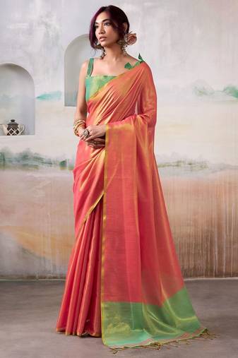 peach zari deatiled tissue saree