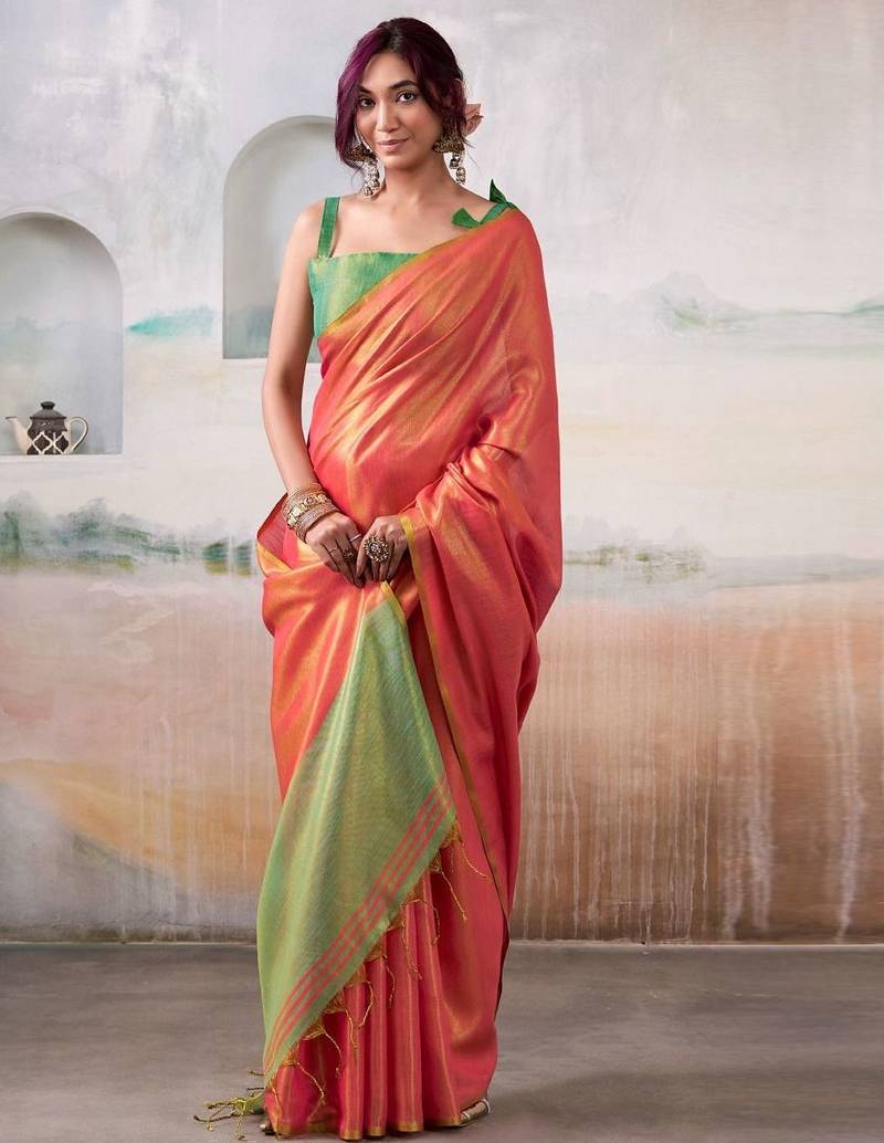 peach zari deatiled tissue saree