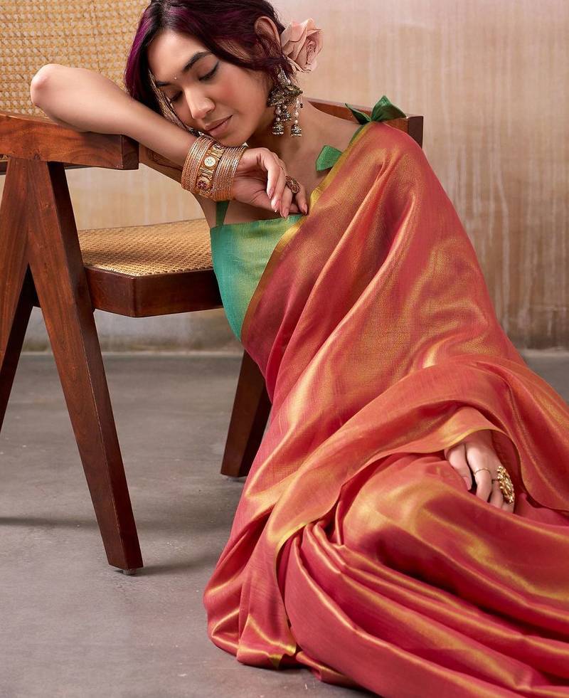 peach zari deatiled tissue saree