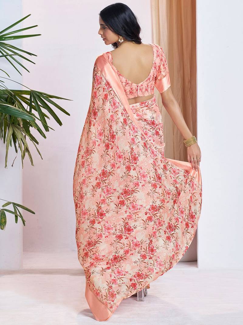 peach floral pure georgette ready to wear saree