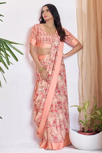 peach floral pure georgette ready to wear saree