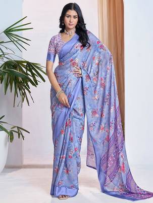 blue floral printed pure georgette ready to wear saree 1